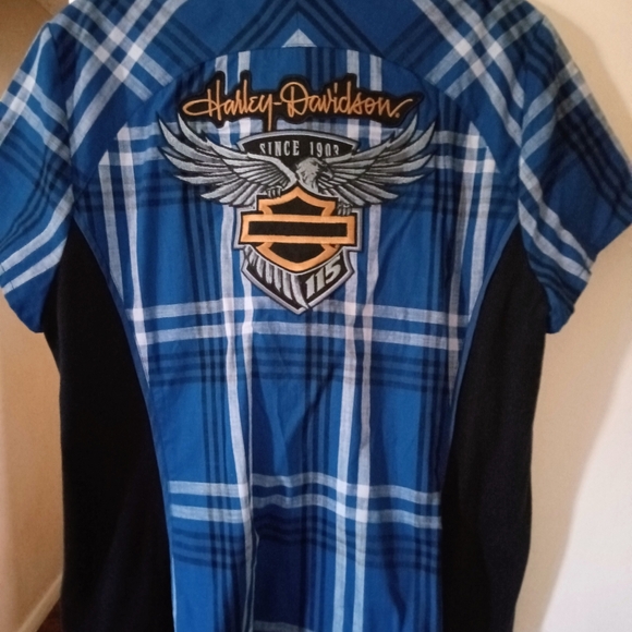 Harley-Davidson's 115th Anniversary Blue Plaid Women's Short-Sleeve Shirt XL NWT - Picture 6 of 9